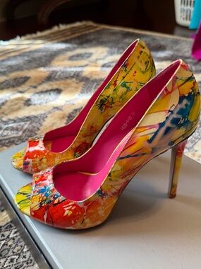 Vibrant Multicolor Patent Peep-Toe Stiletto Heels - Pink Lining